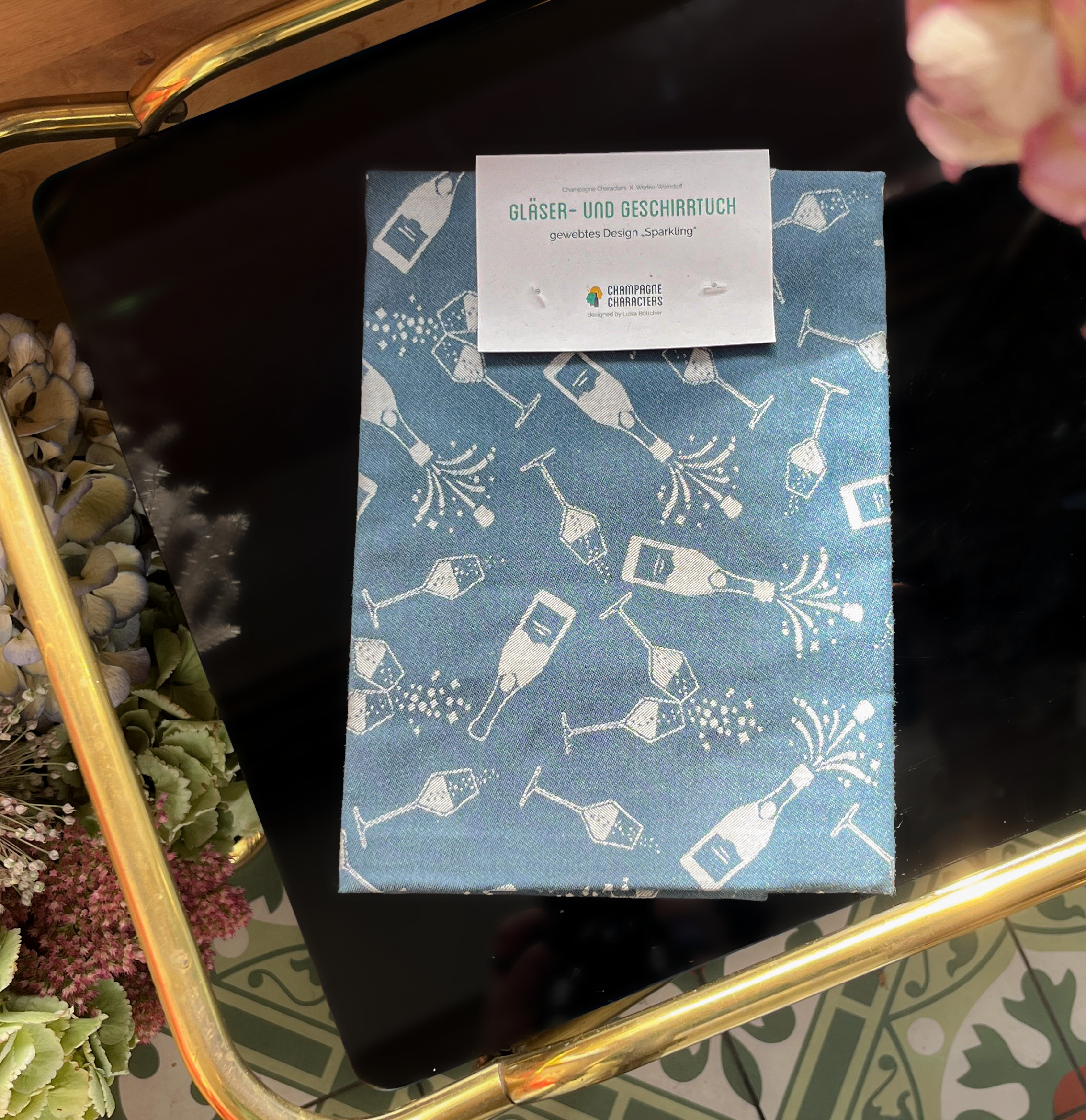 Champagne Characters x Wenke-Weinstoff Gläser- und Geschirrhandtuch blau